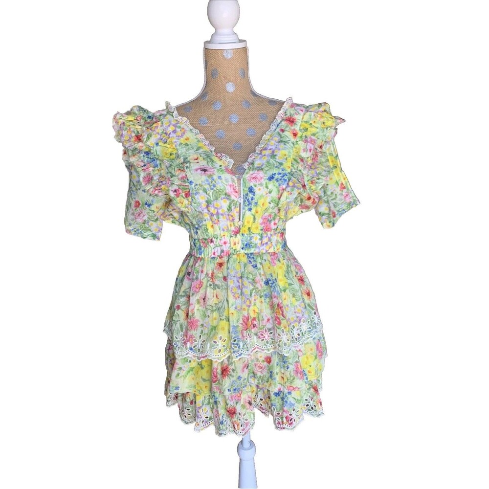 LoveShackFancy Aldina Mini Dress Small Yellow Floral Print Tiered Ruffle *read